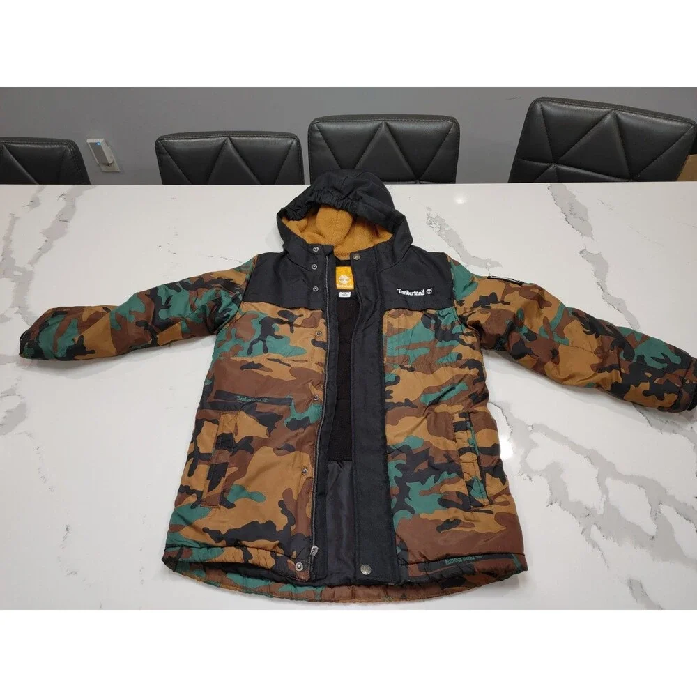 Timberland Boys Kids Puffer Coat Full Zip Hooded Jacket (Camouflage, S- 8) (0010